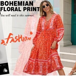 Boho Floral Print Tassel Midi  Dress